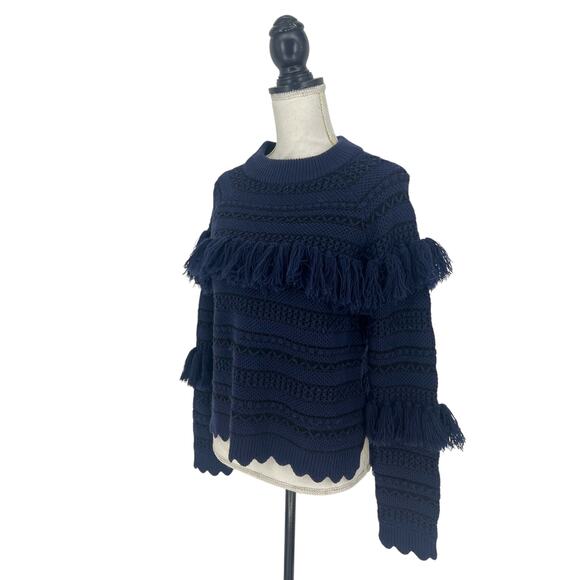 Jonathan Simkhai Tassel Fringe Knit Wool Sweater Black Blue Stripe - Picture 5 of 12
